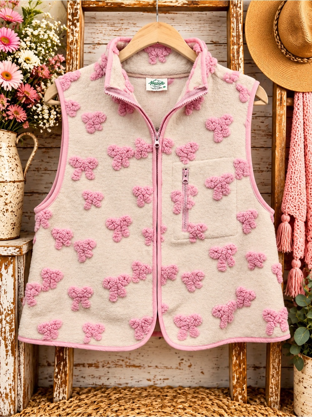 Naturae Cream Fleece Vest with Pink Pom Embellishments